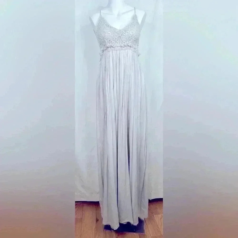 Wishlist Romantic Crotchet Lace Cotton Maxi Dress Light Grey Backless Size S